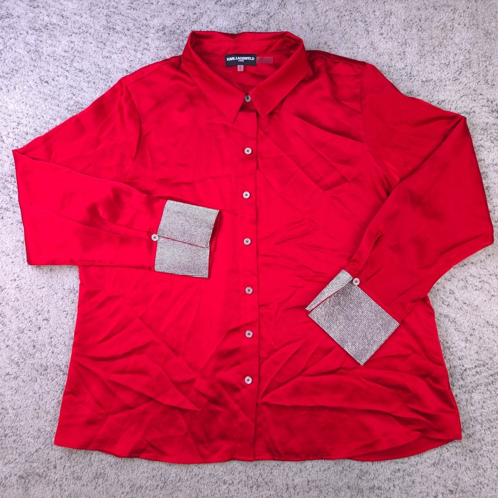 Karl Lagerfeld Top Womens XL Crystal Cuff Rhinestone Studded Shirt Button Red